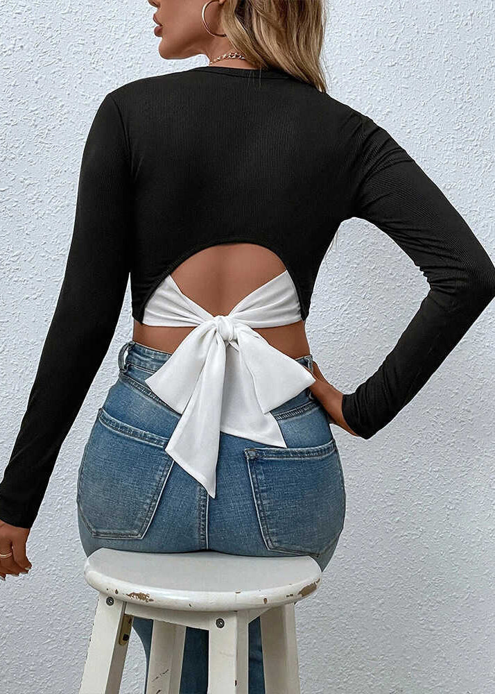 Black Backless Bow Cotton Tops Spring