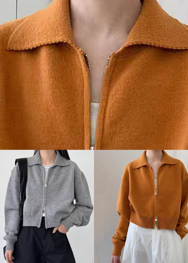Natural Yellow Zippered Patchwork Cotton Knit Coats Spring