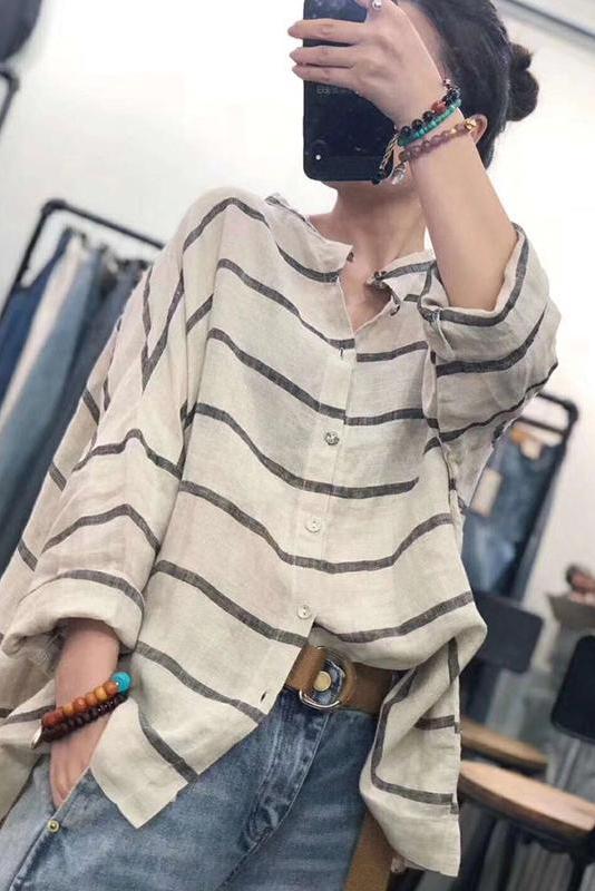 Limited Stock- Loose Chiffon Linen Striped Long Sleeve Shirt