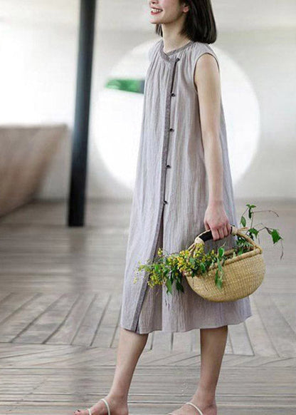 Brief Khaki O-neck Button Linen Long Dress Sleeveless