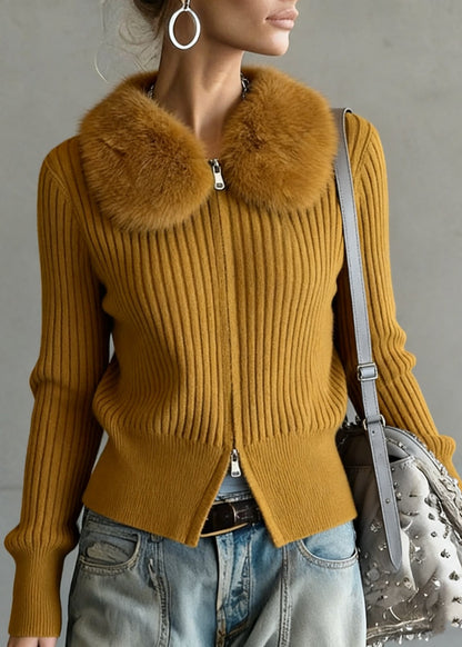 Ginger Yellow Fur Collar Double Zip Up Knit Coat