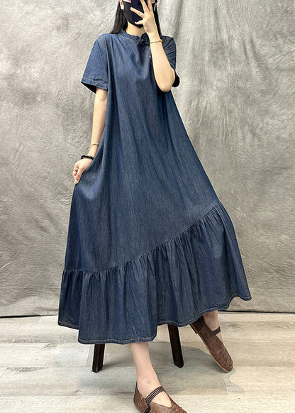 Light Blue Stand Collar Patchwork Denim Dress Summer