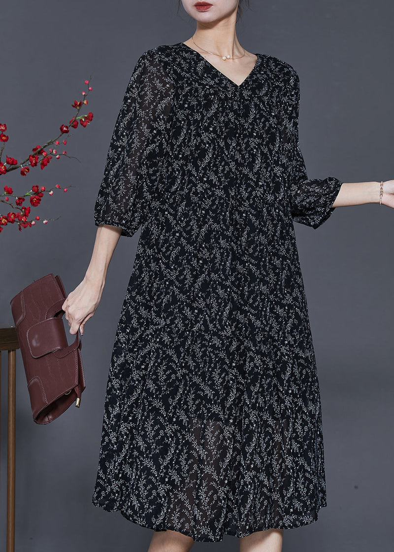 Black Oversized Print Chiffon Dress Half Sleeve