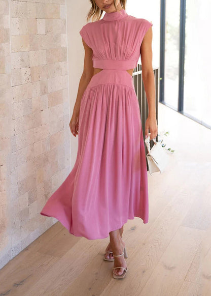 Stylish Green Stand Collar Hollow Out Patchwork Cotton Dresses Summer