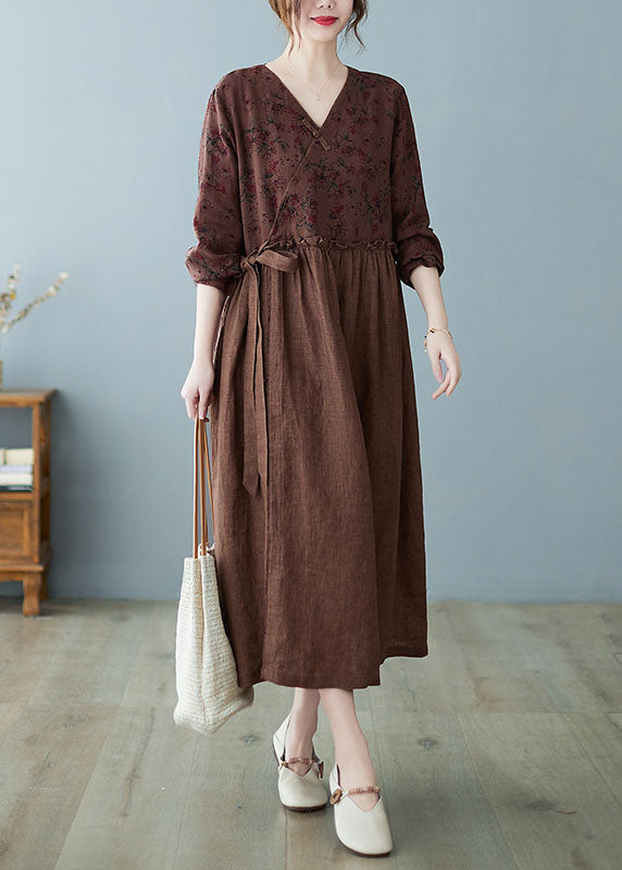 Coffee Ruffled Tie Waist Oriental Linen Dresses Spring