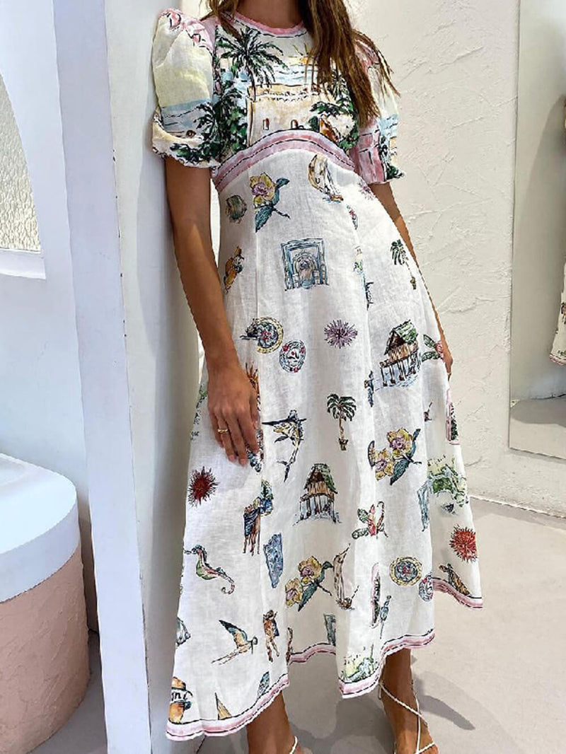 Feature Printed Style Round Neck Midi Dress