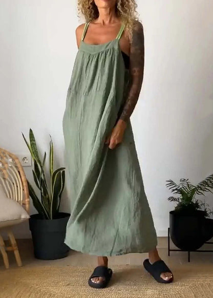 Loose Green Backless Cotton Spaghetti Strap Dress Summer