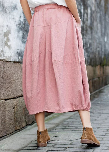 Pink Patchwork Linen a Line Skirt Pockets Color Fall