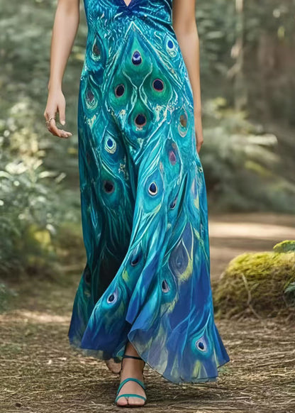 Peacock Blue Print Silm Fit Chiffon Dance Dress Summer