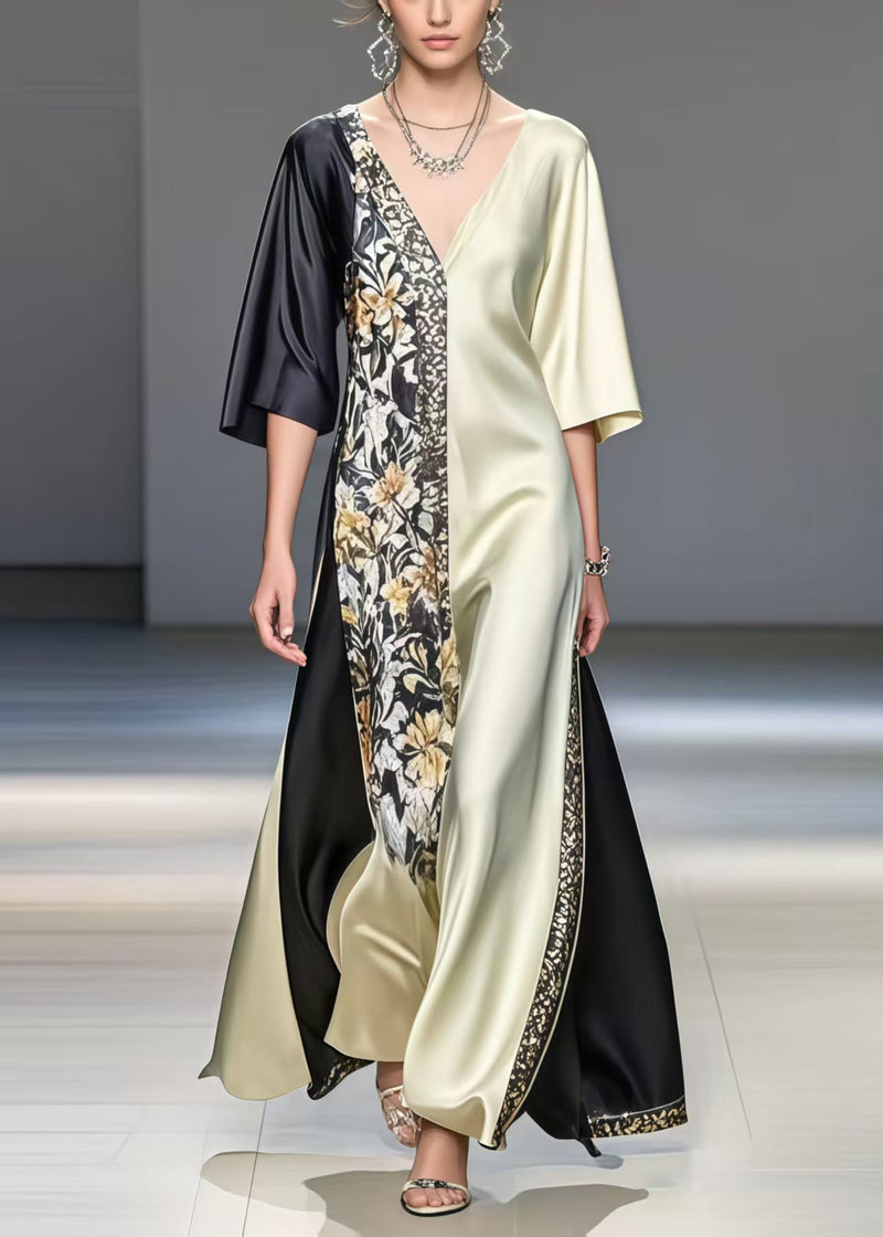 Black Patchwork Silk Long Dresses Asymmetrical Print Summer