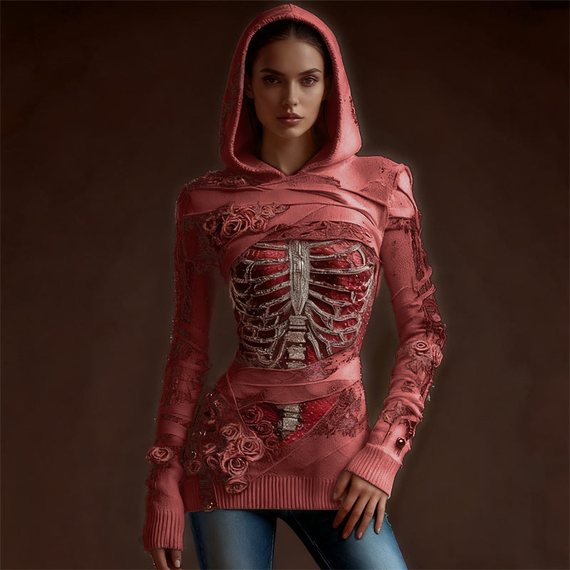 Comstylish Classy Skeleton Anatomy Bloody Roses Bandages Hooded Sweater