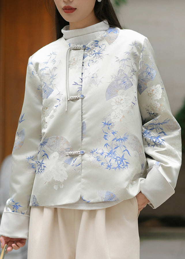 Chinese Style Beige Jacquard Oriental Button Silk Coat Spring