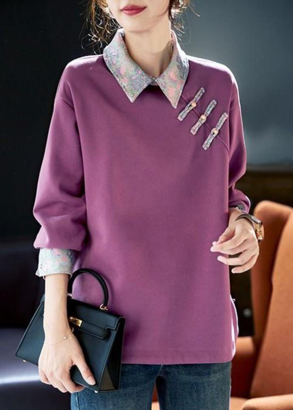Purple Peter Pan Collar Patchwork Cotton Sweatshirts Spring