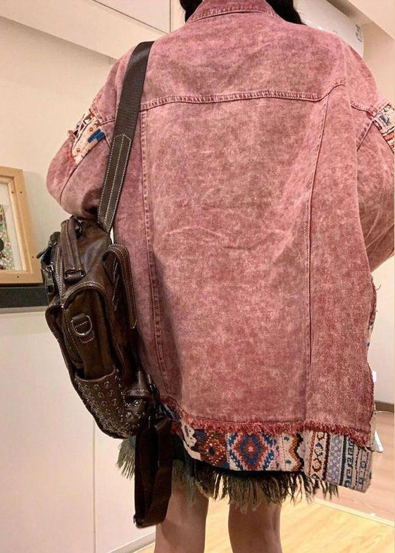 Pink Peter Pan Collar Button Patchwork Denim Coat Spring