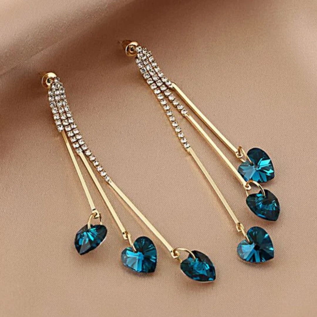 Blue Crystal Heart Rain Earrings