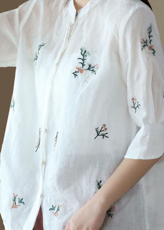 White Stand Collar Embroidered Patchwork Linen Tops Summer