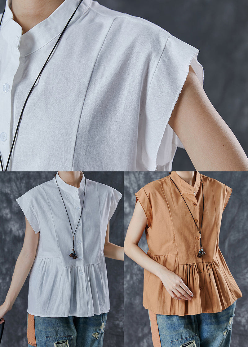 Diy White Stand Collar Patchwork Cotton Tops Sleeveless