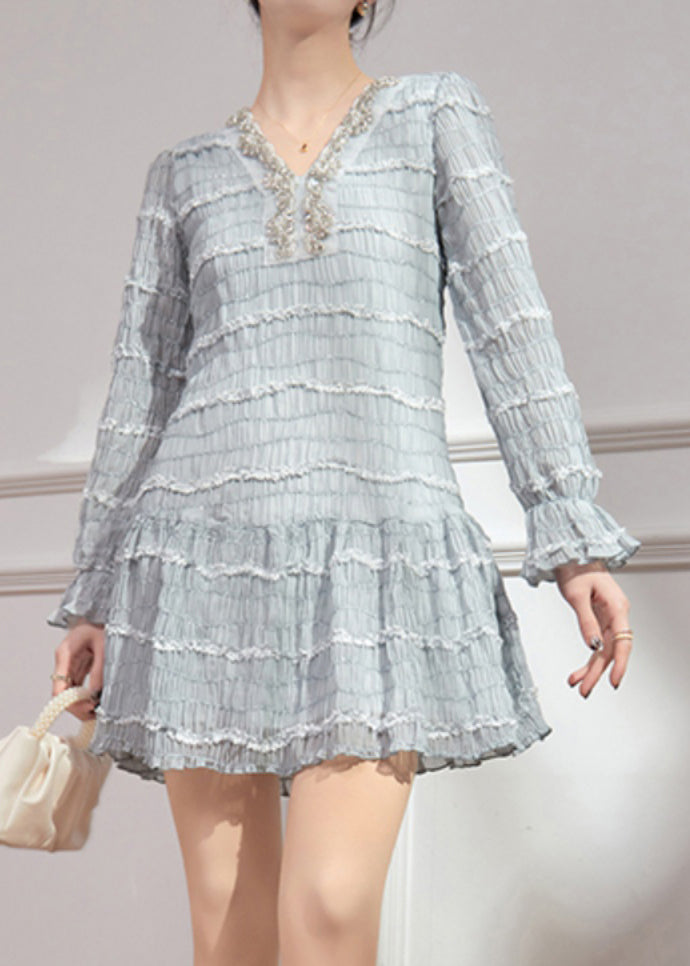Blue V Neck Ruffled Patchwork Sequins Chiffon Mid Dress Flare Sleeve
