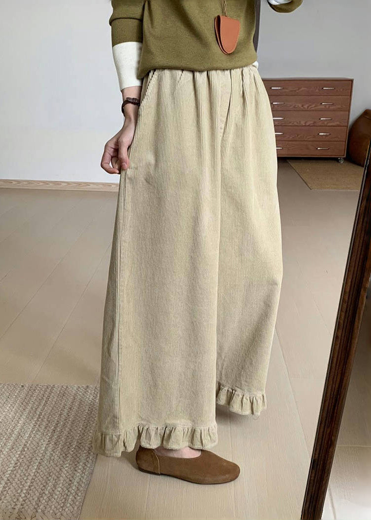 Original Green Ruffled Patchwork Corduroy Wide Leg Pants Winter