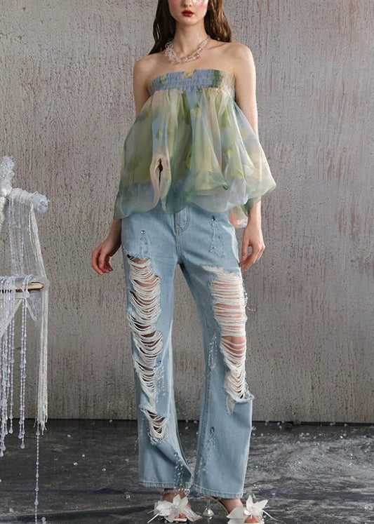 Green Backless Print Chiffon Strapless Vests Summer