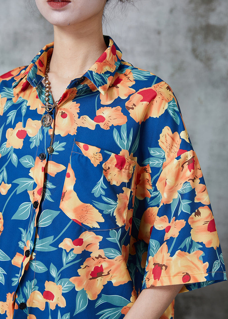 Blue Oversized Print Cotton Shirts Half Sleeve