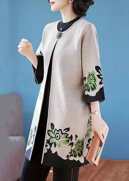 Camel O Neck Print Patchwork Knit Cardigans Fall