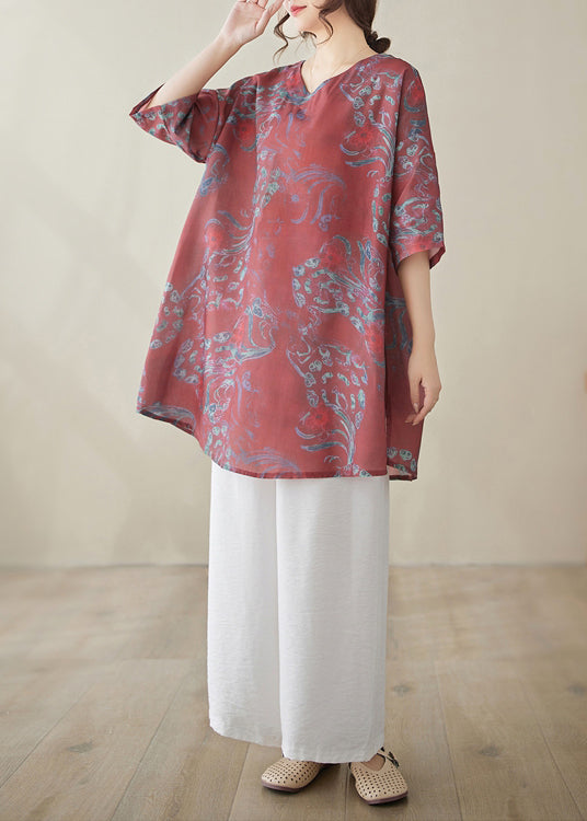 Red Print Linen Tops Half Sleeve