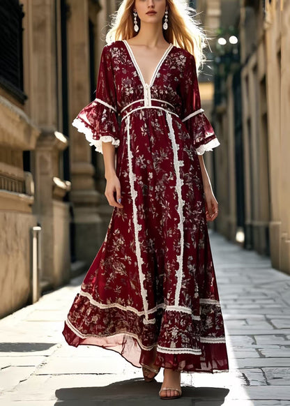 Mulberry Print Lace Patchwork Silk Long Dress Summer
