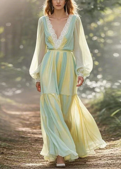 V Neck Lace Wrinkled Patchwork Chiffon Dresses Spring