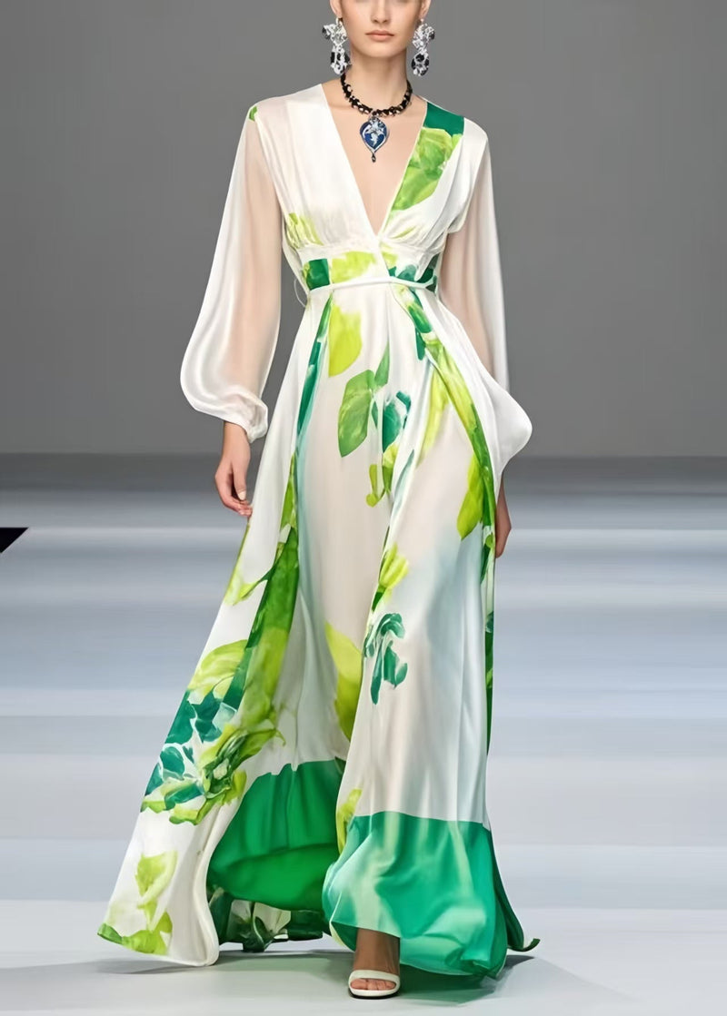 White Print Exra Large Hem Silk Robe Dresses Spring