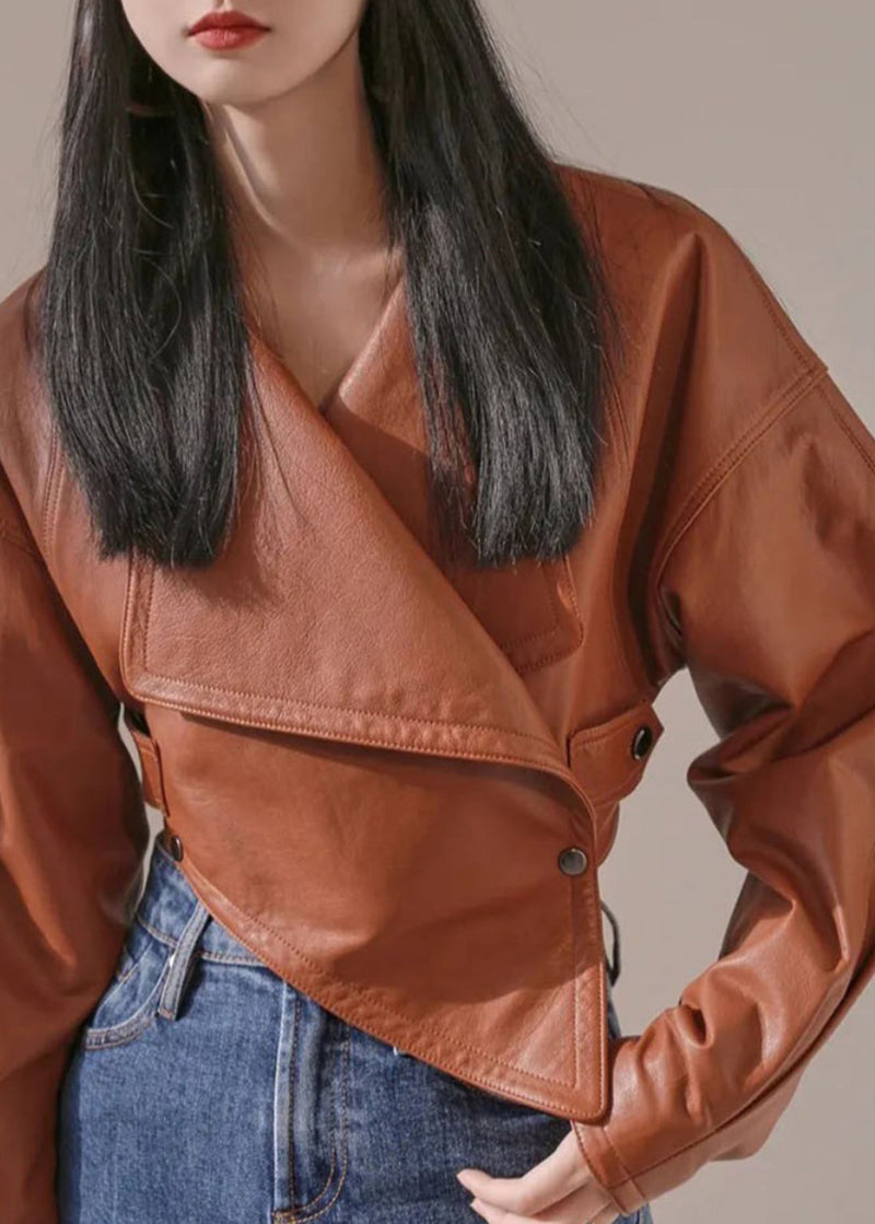 Style Brown Asymmetrical Patchwork Faux Leather Short Coat Fall