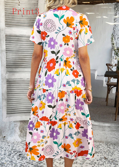 V Neck Print Patchwork Cotton Dresses Summer