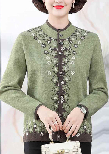 Green Print Cotton Knit Coats Long Sleeve Winter