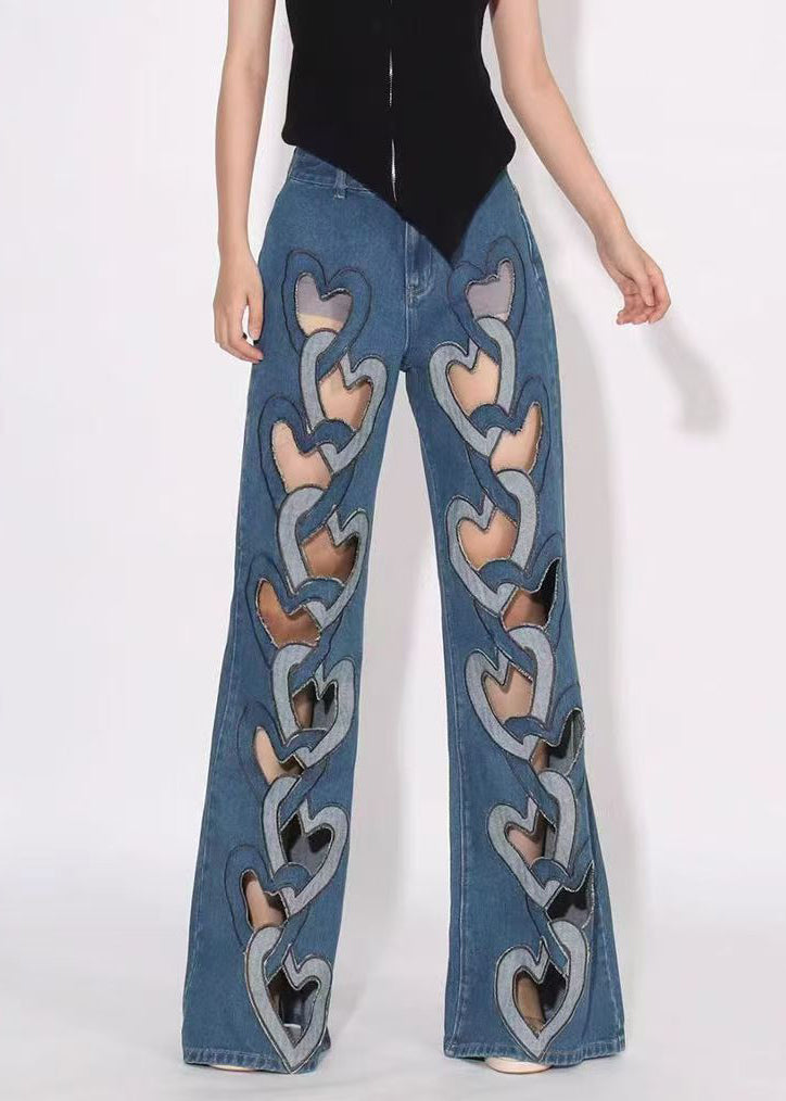 Blue Hollow Out High Waist Denim Pants Spring