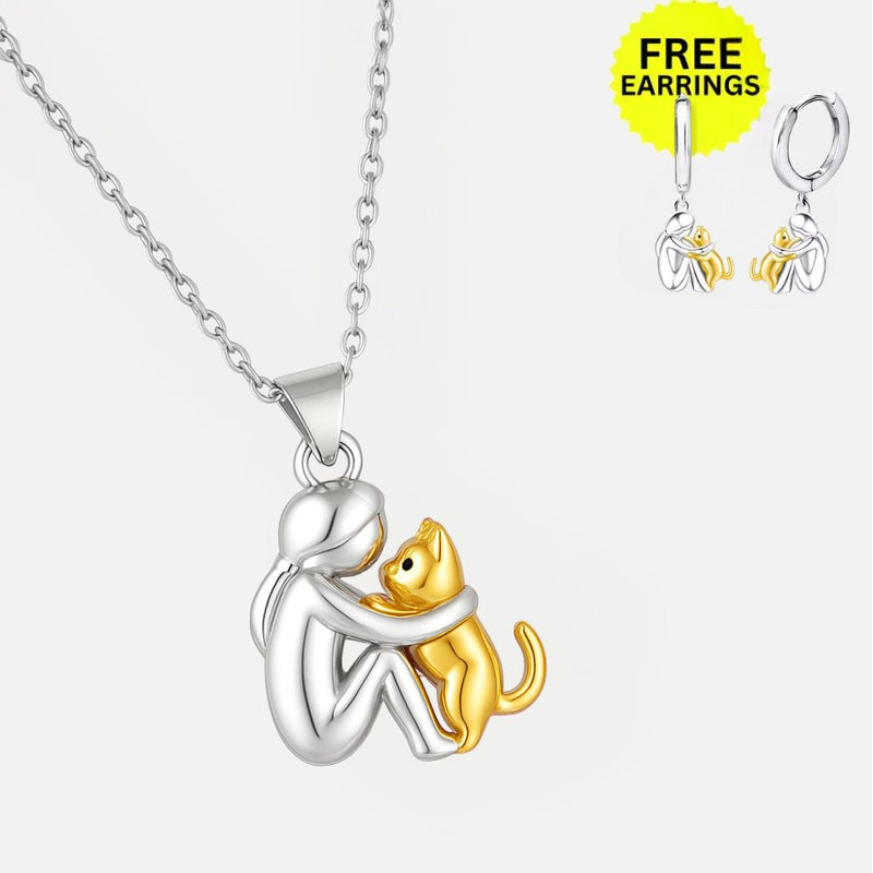 Cat Hug Pendant Necklace With Bonus Earrings – Limited Time Offer