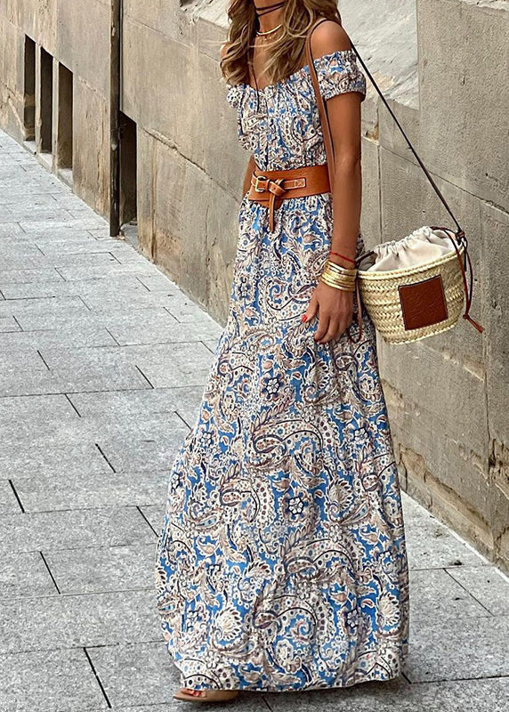 Blue Cold Shoulder Print Sashes Cotton Dresses Summer