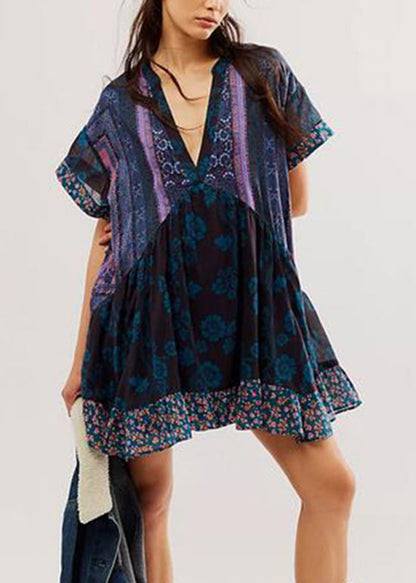 Blue V Neck Print Patchwork Cotton Mid Dress Summer