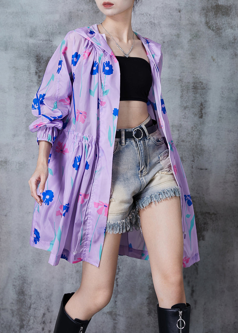 Purple Cinched Print Spandex Hoodie Trench Fall