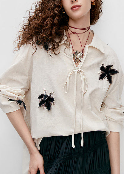 Boutique Beige Peter Pan Collar Cotton Top Fall