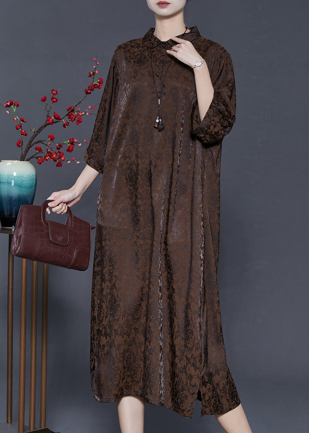 Chocolate Jacquard Silk Maxi Dresses Bracelet Sleeve