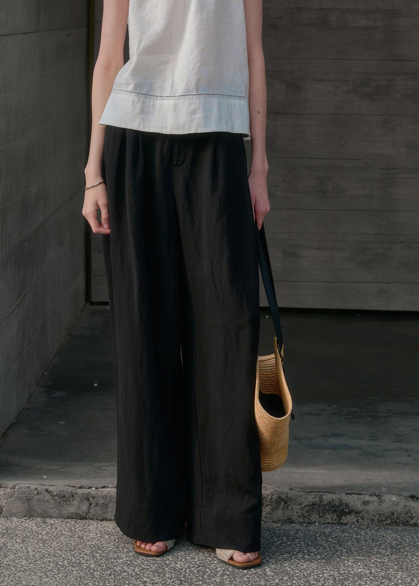 Simple Style White Pockets Linen Straight Pants Summer