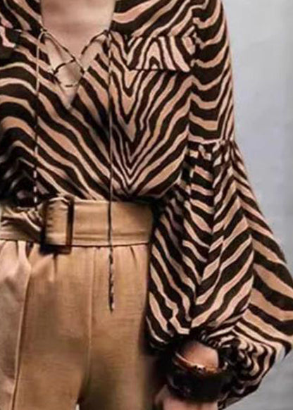 Zebra Print V-neck Lace-up Lantern Sleeve Shirt
