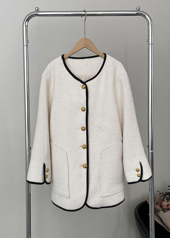 White Pockets Patchwork Woolen Coat Long Sleeve