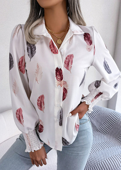 French White Peter Pan Collar Feathers Print Chiffon Shirt Spring