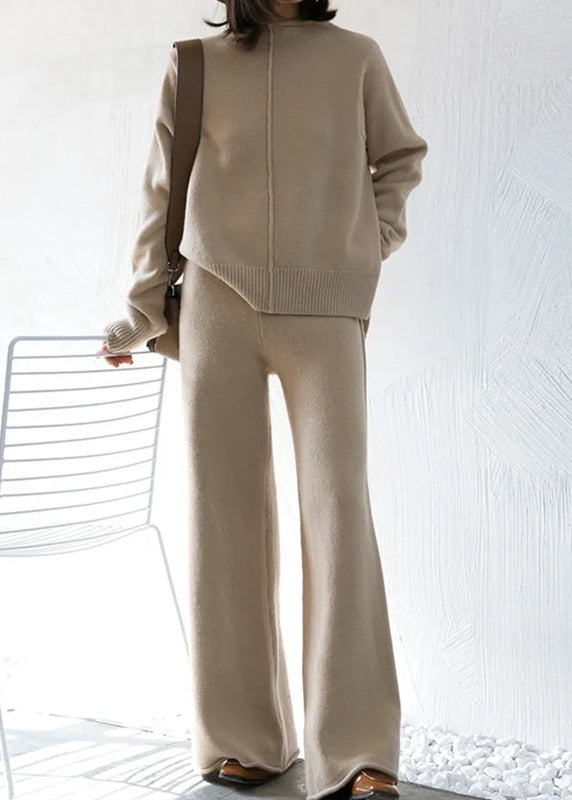 French Apricot Sweaters and Pants Knit Two Pieces Set Winter
