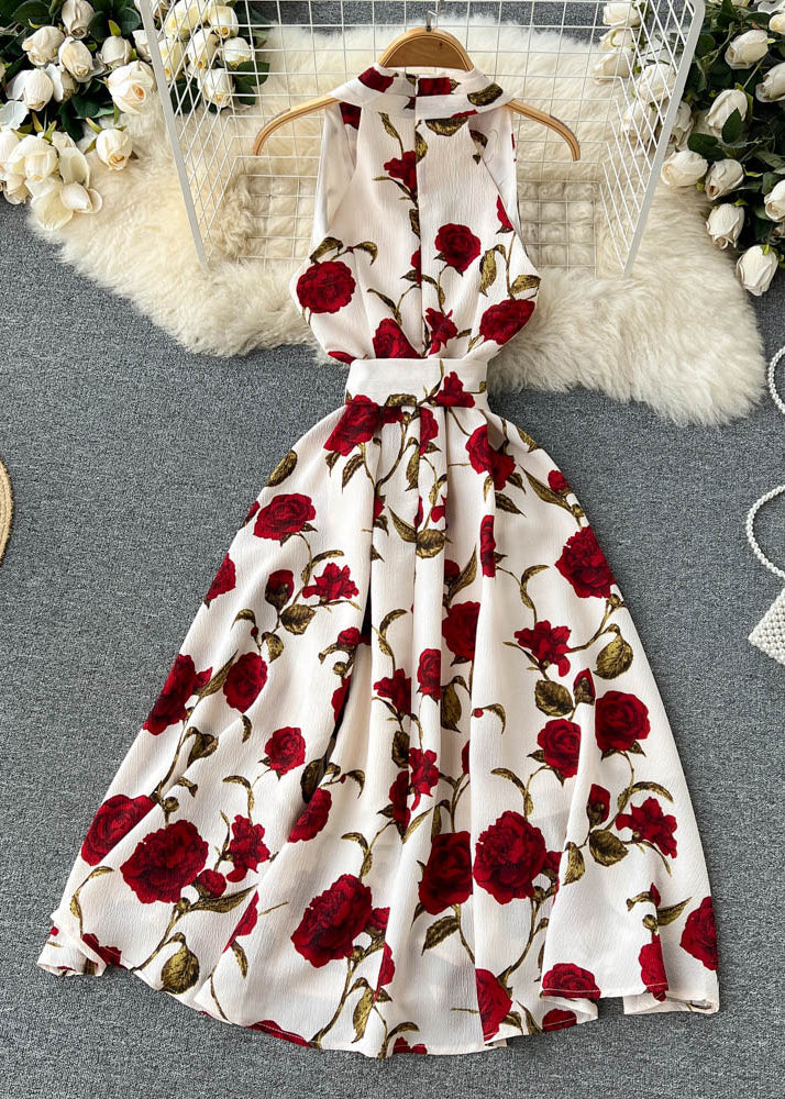 Apricot Zippered Print Chiffon Long Dress Sleeveless