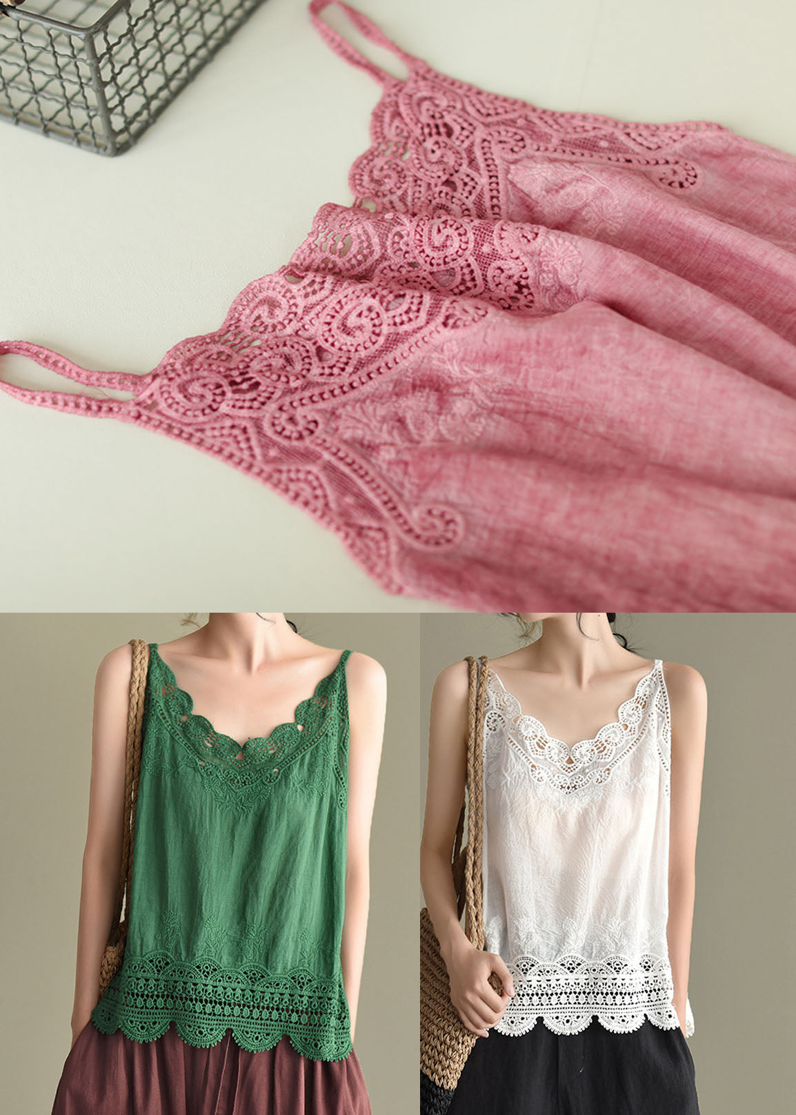 Handmade White Lace Patchwork Cotton Spaghetti Strap Tops Summer