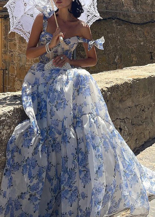 Blue Cold Shoulder Print Patchwork Organza Maxi Dresses Summer