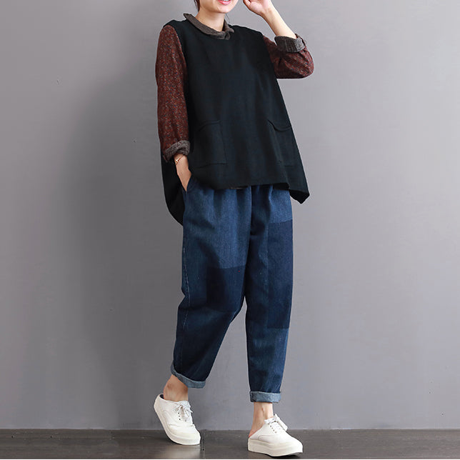 Boutique Black Sweaters Big Pockets Sweaters Sleeveless Shirt