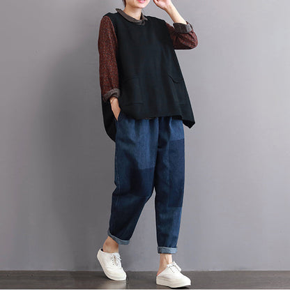 Boutique Black Sweaters Big Pockets Sweaters Sleeveless Shirt